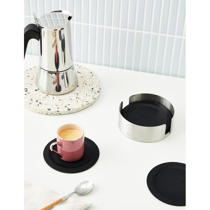 blomus -LARETO- Set of 6 Coasters made of Silicone, Stainless Steel Container, extremely non-slip, prevents scratches, (HBT: 4 x 11.2 x 11.2 cm, black, 63476)