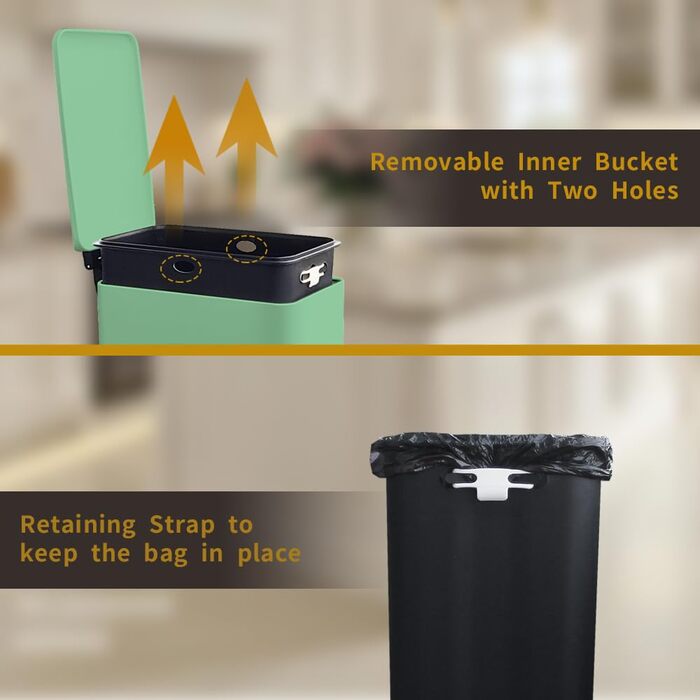 Відро для сміття кухонне 30 літрів з м'яким закриттям, зелене, з педаллю