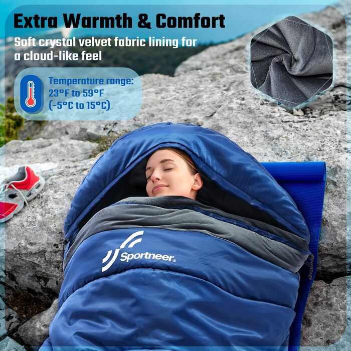 Спальний мішок зимовий XXL 230x90 см з капюшоном та підкладкою Kristallsamt для дорослих, -5°C