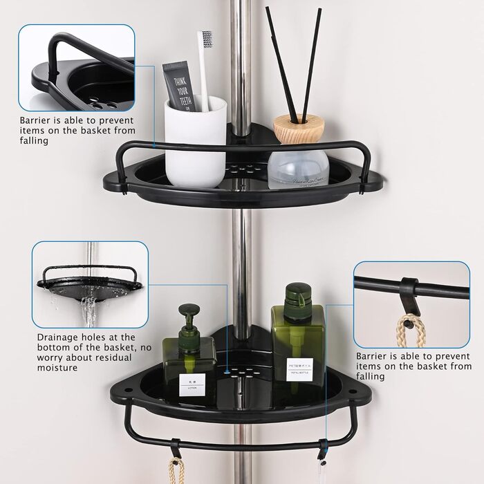 GRICOL Adjustable Height Shower Shelf No Drilling Corner Shelf Stainless Steel Corner Shelf Bathroom Shelf with 4 Baskets and 1 Towel Holder for Bathtub and Bathroom, Rustproof, 95-305CM, Black