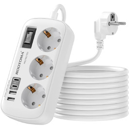 Многорозеткова станція з захистом від перенапруги, 3 розетки, 4 USB (2 USB-C), з вимикачем та кабелем 1.5м, для дому та офісу, біла