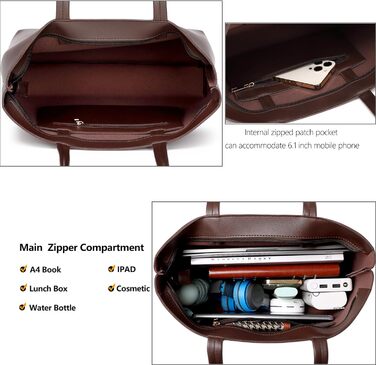 Жіноча сумка-шопер Tote Bag з PU шкіри для роботи, школи, покупок, застібка-блискавка, внутрішні кишені (Коричнева)