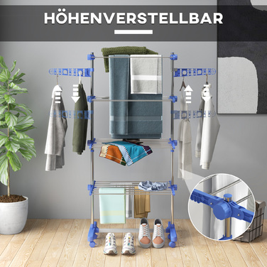 HOMCOM Clothes Rack with Wheels, Clothes Dryer Tower, 2-Tier Folding Wings, Standing Dryer Made of Steel in Blue for Space-Saving Drying