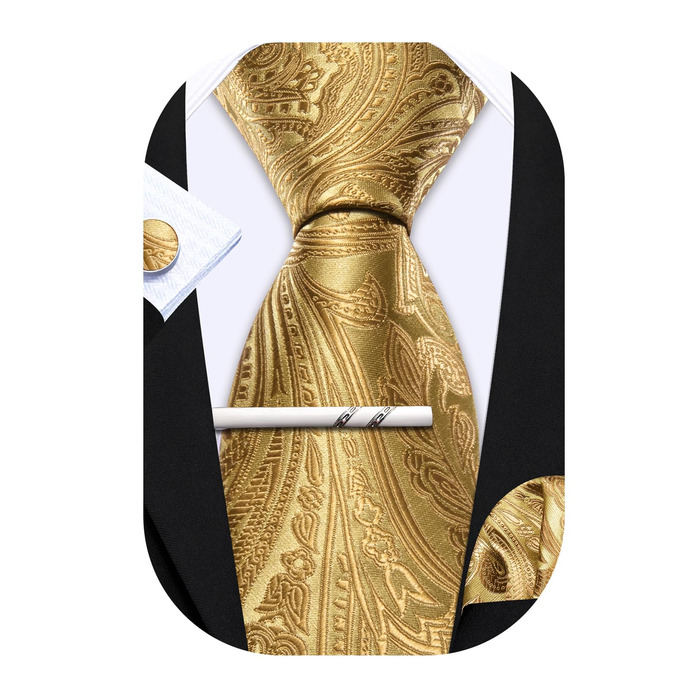 Набір краваток Barry.Wang: шовкові краватки з квітковим візерунком Paisley, нагрудна хустинка, запонки та затискач для краватки. Ідеально для урочистих подій, весілля та свят. Золотий колір.
