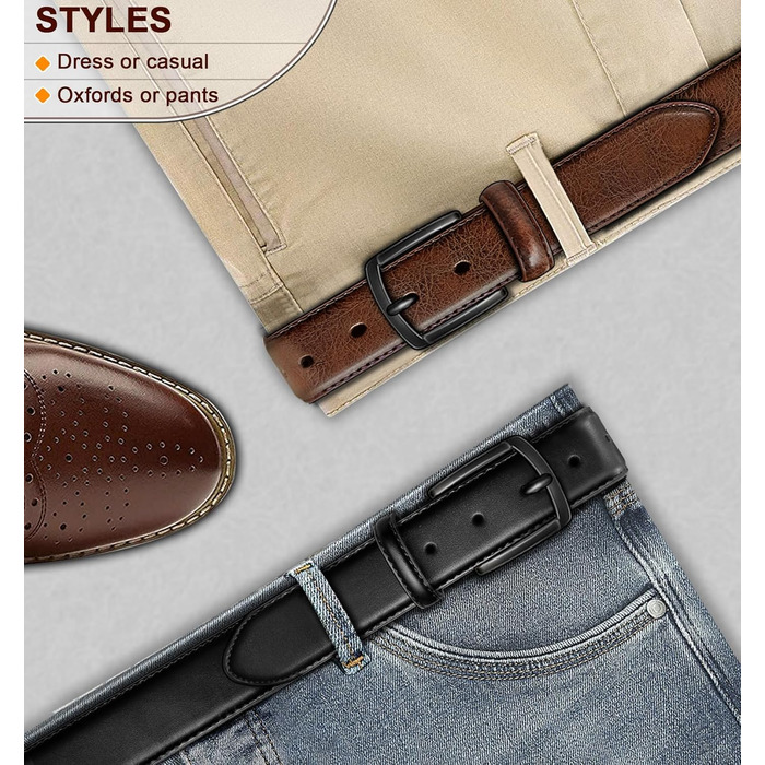 Чоловічі шкіряні ремені BULLIANT (2 шт.): 7 отворів, ширина 35 мм, регульована довжина 110 см, чорний/темно-коричневий