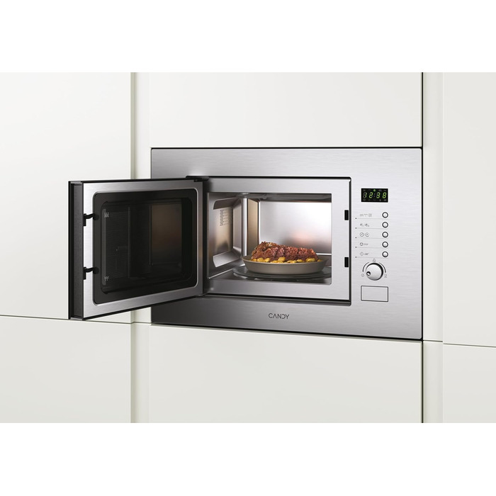 Вбудована мікрохвильова піч Candy MIC20GDFX з кварцовою решіткою, 20 літрів, 800 Вт, 8 рівнів потужності, функція розморожування, нержавіюча сталь, енергоклас A