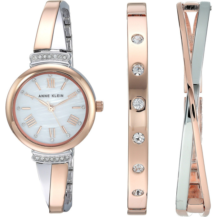 Жіночий набір годинника та браслетів Anne Klein Premium з кристалами, колір рожеве золото та срібло