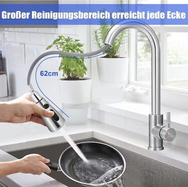 Крановий змішувач для кухні з висувною лійкою, високий поворотний кран з одним важелем, нержавіюча сталева кухонна мийка з шлангами