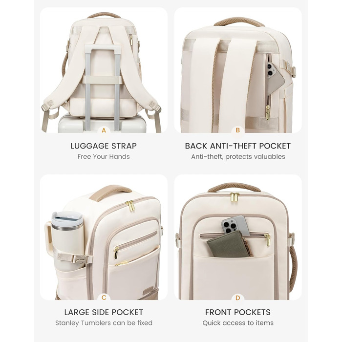 LOVEVOOK Рюкзак для ручної поклажі з окремим відділенням для взуття, 40L рюкзак для жінок, великий, з відділенням для мокрого та сухого, Travel Backpack, Carry On Luggage для подорожей, Бежевий, Зелений, 40L (3 шт.)