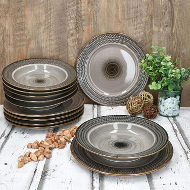 MÄSER Prospero 12-ти елементний сервіз для столу з коричневого фаянсу з рельєфом на 6 осіб. Включає 6 супових та 6 тарілок для їжі. Підходить для сніданку, обіду та вечері.