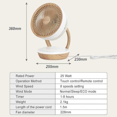 Вентилятор настільний MYCARBON FS05-DC: тихий, 8 швидкостей, 1850 м³/год, ECO-режим, 3D-циркуляція повітря, таймер 8 годин для спальні/офісу