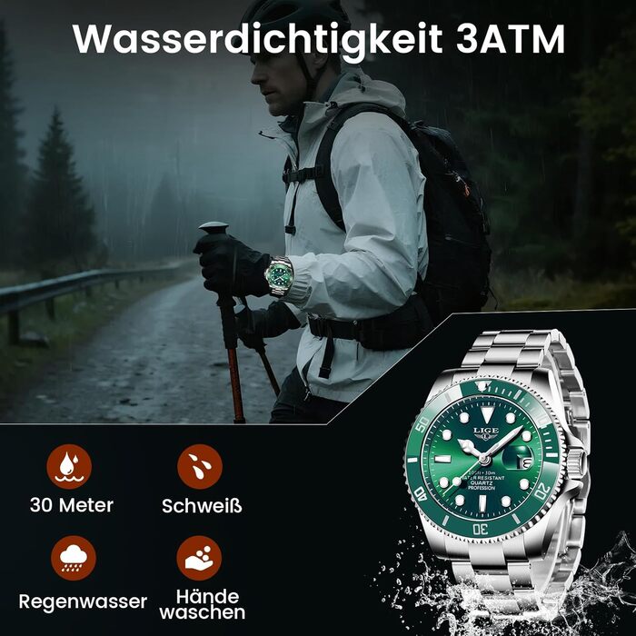 Годинник чоловічий LIGE, аналоговий кварцовий годинник з нержавіючої сталі, 3ATM водостійкий (30м), з календарем та світловим покриттям, бізнес-годинник для відпочинку (зелений)