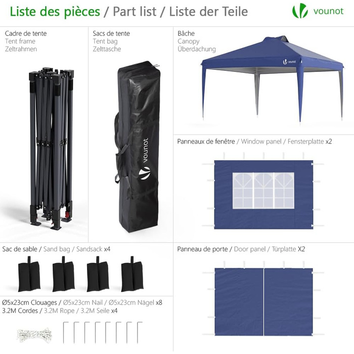 VOUNOT® Gazebo 3x3m Waterproof Stable Winterproof, Pop-Up Folding Gazebo with 4 Side Walls and 3 Sandbags, Folding Party Tent Garden Tent Garden Gazebo incl. Bag, Green (pop up gazebo blue)