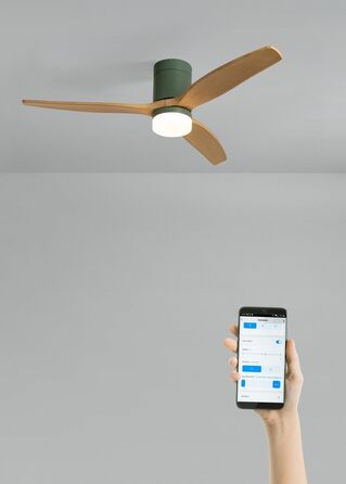 Вентилятор стельовий WINDCALM M з підсвіткою, Wi-Fi та пультом ДУ, 132 см, 40W, світлодіодне освітлення (3 температури), шалфейно-зелений, дерев'яні лопаті