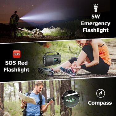 Радіостанція невідкладної допомоги 27000mAh з ручним заводом, сонячною панеллю, USB-зарядкою, Bluetooth 5.3, функцією Powerbank, SOS-сигналом, ліхтарем, лампою для читання, компасом, слотом для TF-карти та міцним Outdoor-дизайном, армійного кольору