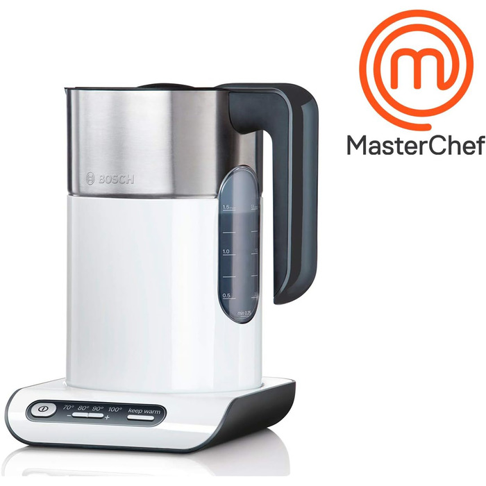 Bosch cordless kettle TWK8611P, automatic shut-off, overheat protection, temperature selection, keep-warm function, 1.5 L, 2400 W, white, single