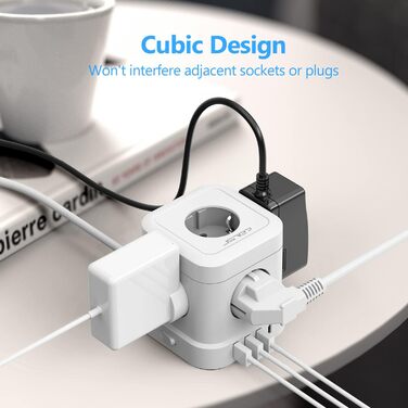 Сетевой фильтр JSVER Cube 5-портовый с USB, кубический сетевой фильтр (3680W 16A) с 4 USB-зарядками (17W), для столу, офиса, дома или в поездку, 2м кабель, белый
