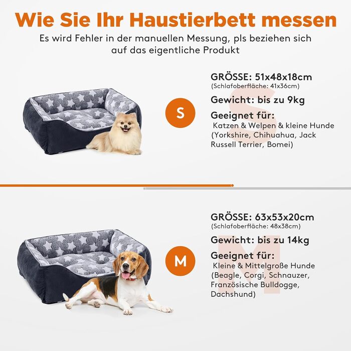 FURTIME Dog Bed - Medium Dogs, Dog Basket, Washable Dog Basket, Non-Slip Dog Beds, Fluffy Dog Mattress with Raised Edges, Soft Dog Sofa for Dogs, Cats - Black/Stars (M (63x53x20cm))