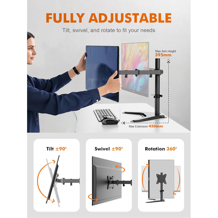 Тримач для монітора GRIFEMA для 2 моніторів, 13-27 дюймів, регульований, гнучкий, VESA 75/100mm, GB2001A-2 (U-основа)