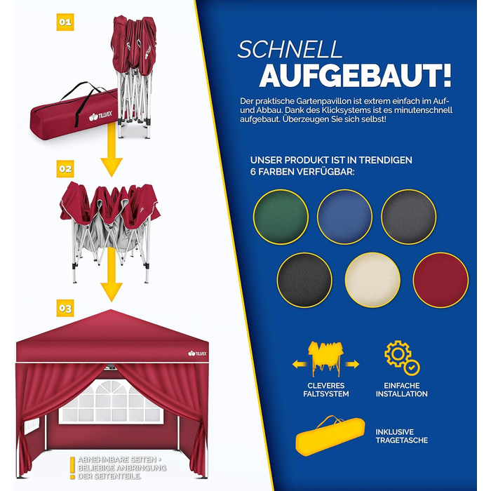 Waterproof Gazebo | Pop-Up Folding Gazebo, Adjustable Height | Garden Tent UV Protection 50+ | Party Tent with Bag for Garden (3x3m - with 4 Side Walls, Red)