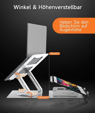 Adjustable Laptop Stand for Desk - 360° Rotating Base, Ergonomic Riser for MacBook Pro/Air, HP, Dell, Lenovo (10-17 inch)