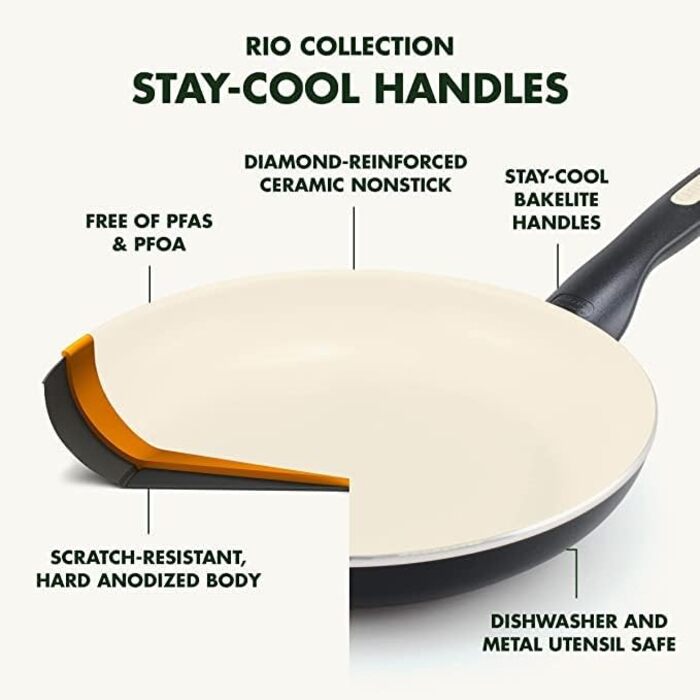 GreenPan Rio Healthy Ceramic Non-Stick 16-Piece Cookware Set with Frying Pans, Sauce Pans, PFAS-Free, Stay-Cool Handle, Oven Safe up to 160°C, Dishwasher Safe, Black & Crème Cookware Set 16-Piece Black & Crème