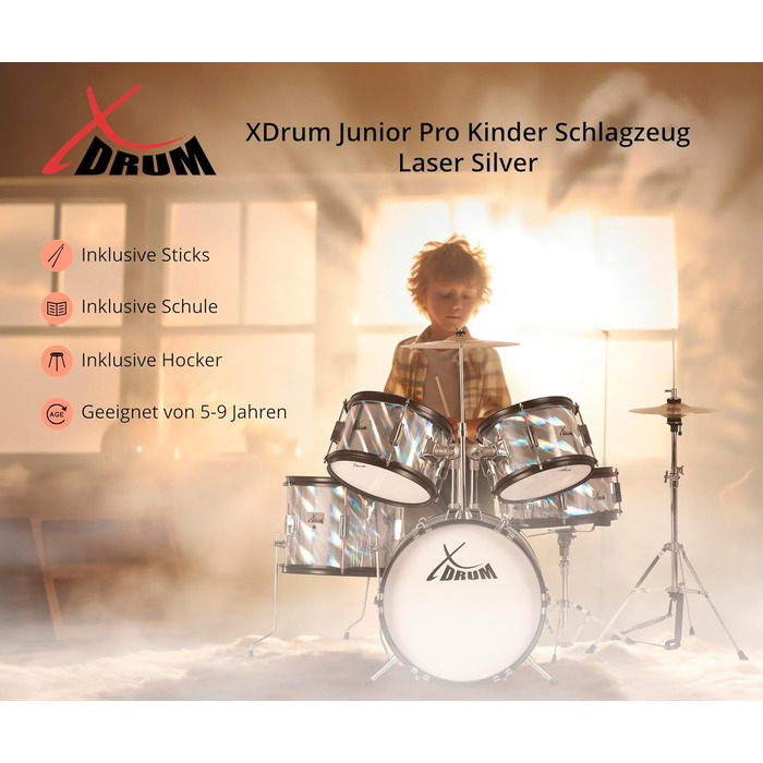 XDrum Junior Pro Kinder барабанний комплект Red - для дітей 5-9 років - з аксесуарами та навчальним посібником (Laser Silver, Single)