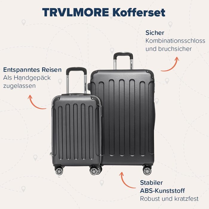 Валіза ручної поклажі TRVLMORE 54x36x20 см - жорсткий корпус, з колесами, сірий (2 шт. у наборі)