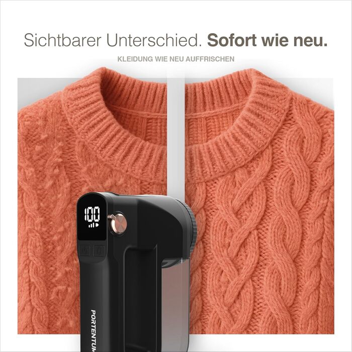 Портентум Фусселрасйер: Електричний видалення ворсу з LED-підсвіткою, 3 режими, 9000 об/хв, 6-клинковий насадка, USB-C, 15W для одягу та дому