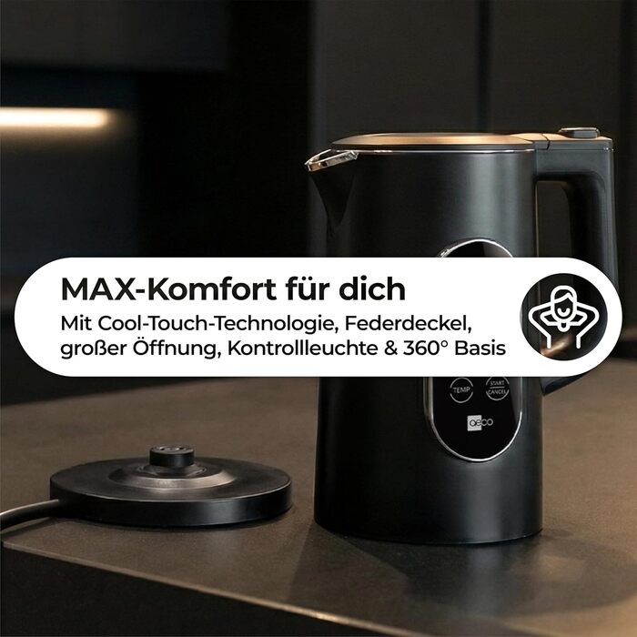 Електричний чайник Aeco AQA NEO з нержавіючої сталі, 1.7 л, 2150 Вт, без BPA, фільтр від накипу, бездротовий, CoolTouch, шампань срібло (Aqa Elite (чорний матовий))