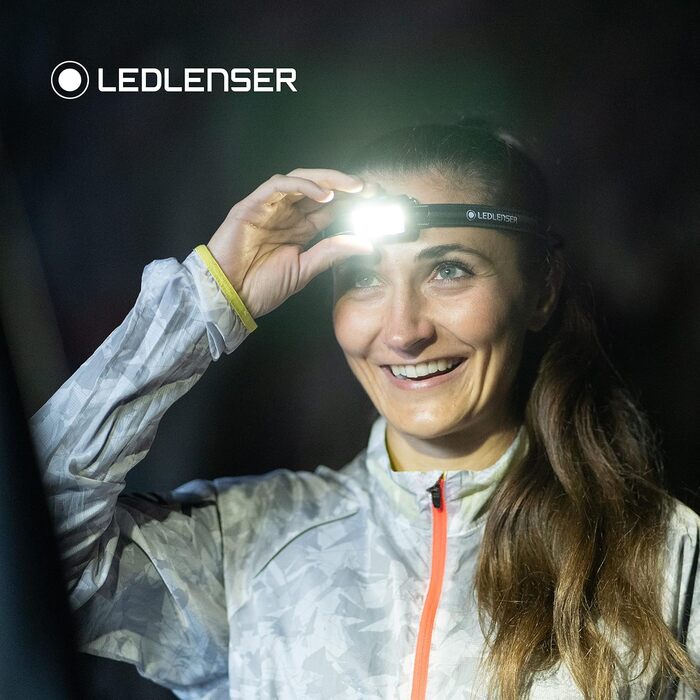 Ліхтарик налобний Ledlenser NEO5R для бігу, 600 лм, акумуляторний, з червоним заднім світлом, відбиваючий ремінець, грудний ремінь, поворотна голівка, чорний/сірий