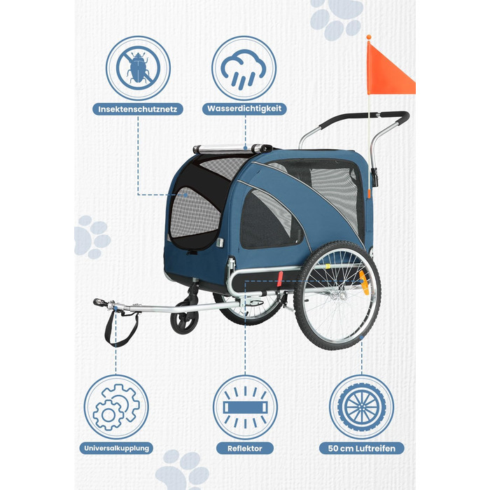 SEPNINE® Причіп для собак XL 2-в-1: велосипедний та візок для собак з відбивачами та гальмом, 600D Oxford Canvas, вантажопідйомність до 40 кг - Оранжевий (Синій)