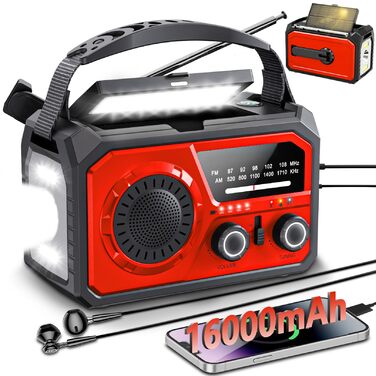 Радіо з ручним генератором 16000mAh, аварійне радіо AM/FM з сонячною панеллю та зарядкою для телефону, SOS-сигнал, ліхтарик, компас для кемпінгу та подорожей