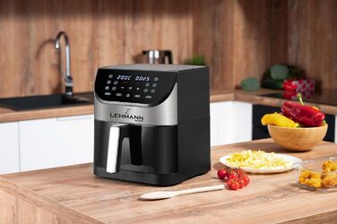 Електрична фритюрниця LEHMANN 6L з прозорим вікном, 1500 Вт, 12 програм, регулювання температури 76-200°C, таймер, LED-дисплей, фритюрниця без олії для приготування на грилі, випікання та смаження