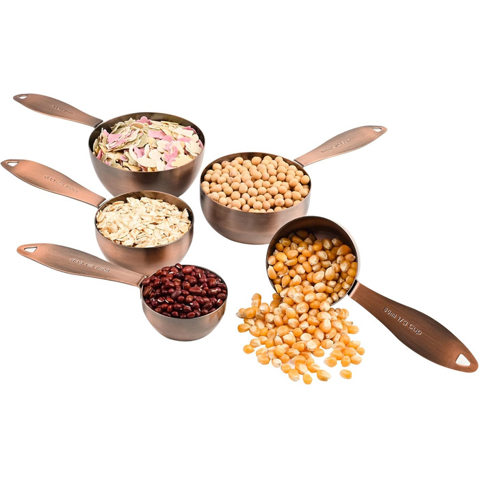 Copper-Plated Measuring Cup and Spoon Set, 5 Stainless Steel Measuring Cups and 5 Metal Measuring Spoon Set with Leveler, US and Metric Kitchen Measuring Cup and Spoon Set for Baking and Cooking