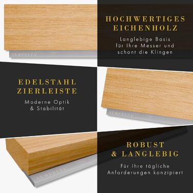SEMPREZA® Magnetic Knife Strip | 40cm | Oak Wood & Stainless Steel | for Gluing or Screwing | Magnetic Knife Holder | Magnetic Knife Rail | Self-adhesive Magnetic Knife Holder