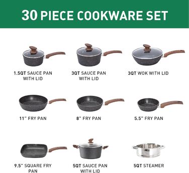 Kitchen Academy 30-Piece Induction Cookware Set with Glass Lids and Granit Coating, including Frying Pans and Pots (Black)