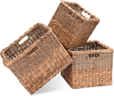 Decorative Basket Storage Woven from Water Hyacinth - Seagrass Rectangular - Shelf Basket Square - Set of 3 (S+M+L) Natural