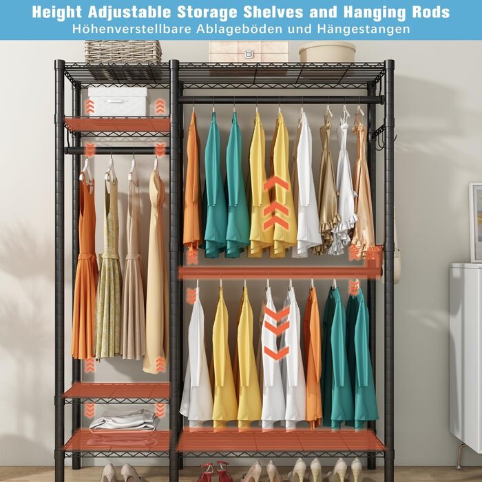 KZOBYD Clothes Rack, Freestanding Clothes Rod with Shelf Metal Wardrobe with Hanging Rods Black Open Clothes Closet with 4 Adjustable Shelves for Coats, Dresses, Shoes