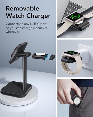 Зарядний станція 3-в-1 ESR MagSafe для Apple Watch та iPhone, білий/чорний, сумісна з iPhone 17/16/15/14/13/12, Apple Watch 9/8/7/6/5/4/3/2/SE та AirPods 4/3/2/Pro