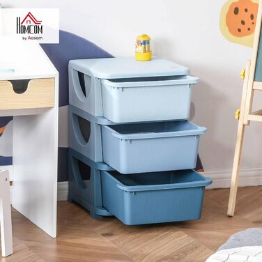 Дитячий комод HOMCOM з ящиками для іграшок, органайзер для зберігання, 3 рівні, для дитячої кімнати, синій, 37x37x56,5 см
