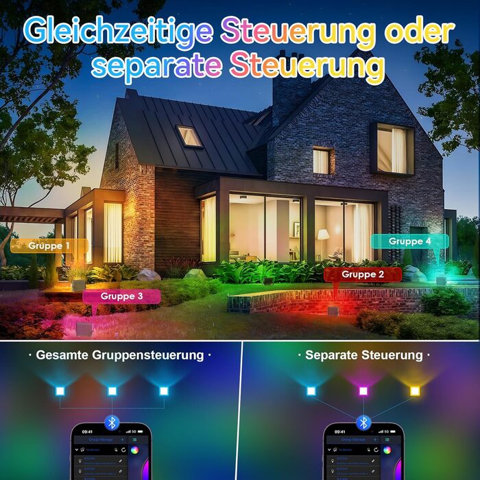 Комплект з 2 RGB LED прожекторів 30 Вт для вулиці, 16 млн кольорів, Bluetooth APP, пульт 2.4G, IP66, регульована яскравість, водостійкі, для саду, Хелловіну, Різдва та вечірок