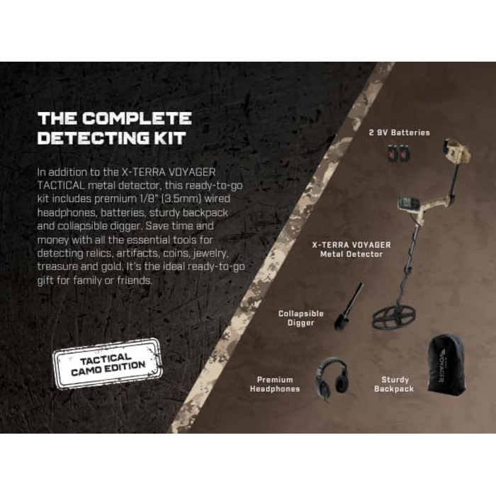 Металодетектор Minelab X-Terra Voyager Tactical - професійний, для дорослих, водонепроникний, 4 режими, з навушниками, рюкзаком та лопатою (Forest, Green)