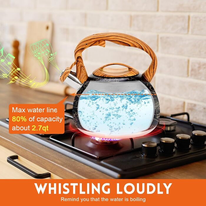 Чайник для плити GGC 3.1 л / 3 л з дерев'яною ручкою, з функцією кипіння, колір: сірий/чорний градієнт, нержавіюча сталь, для дому (Black Art Line)