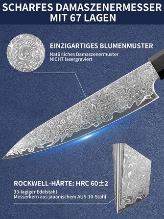 Японський ніж кухарський з дамаської сталі Plys: професійний ніж шеф-кухаря з чорним дерев'яним руків'ям, ніж для фруктів