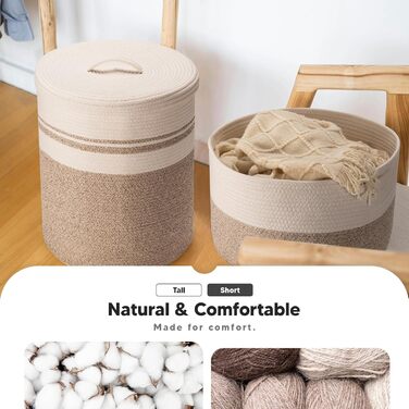 Rieeyrslza Laundry Basket with Lid for Blankets 58L Woven Cotton Rope Basket Cotton Rope Laundry Collector with Hollow Handle, for Living Room, Placing Blankets Pillows, 38 x 50cm (Brown)