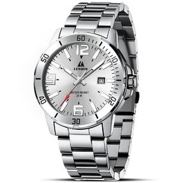 Годинник чоловічий LN LENQIN з нержавіючої сталі, водонепроникний, з датою, кварцовий, аналоговий, білий (сріблястий)