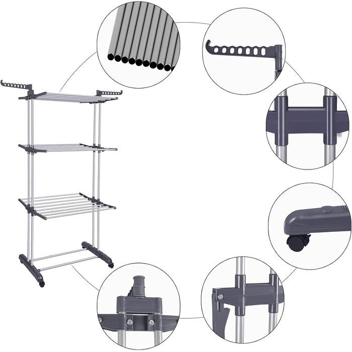 Bigzzia Clothes Rack Foldable 3 Tiers Stainless Steel Clothes Dryer Drying Rack with Two Side Wings Grey