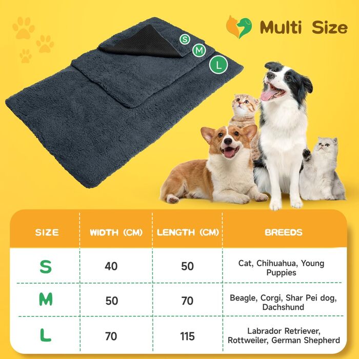 Self-Heating Blanket for Dogs & Cats, Pet Heating Mat Winter, Washable Heating Blanket for Dogs, Self-Warming Dog Mat Fluffy Warm, Thermal Blanket for Dogs Non-Slip, Gray, 115x70cm