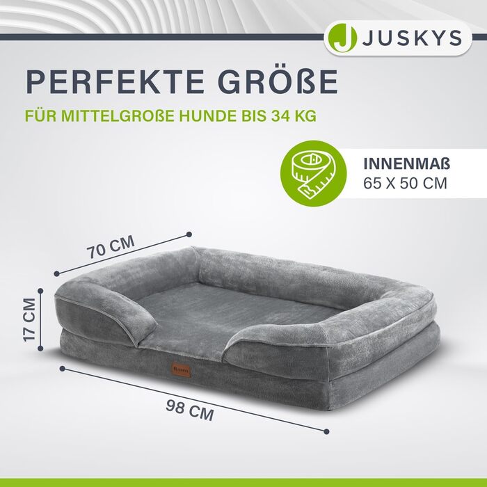 Juskys Dog Bed Sheena L Orthopedic, Washable & Non-Slip - 98 x 70 x 17 cm - Fluffy Dog Sofa for Medium-Sized Dogs Grey - Pet Bed Dog Sofa